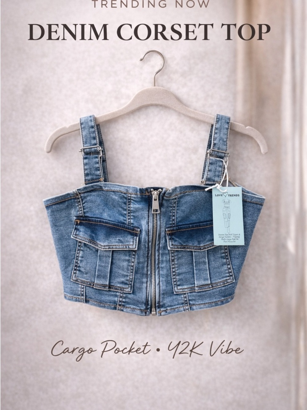 Denim Corset Top Cargo Pocket Zip Front Y2K Festival Crop XL 40” Bust - Picture 3 of 10